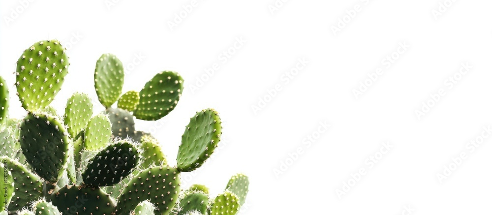 Poster cactus plant with thick green pads on left side with white background and copy space for text insert
