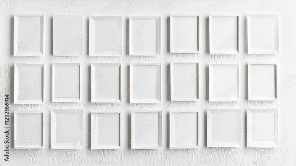 Aufkleber Empty white photo frames arranged in a grid pattern on a light background with Copy Space for text or images.