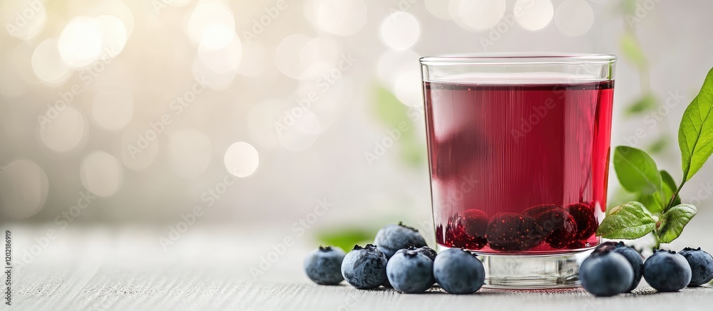 Poster fresh blueberry juice in a glass with fresh blueberries and green leaves on a light background with 