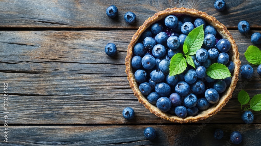 Poster fresh blueberries in a round wooden bowl with mint leaves on a rustic wooden table with copy space f