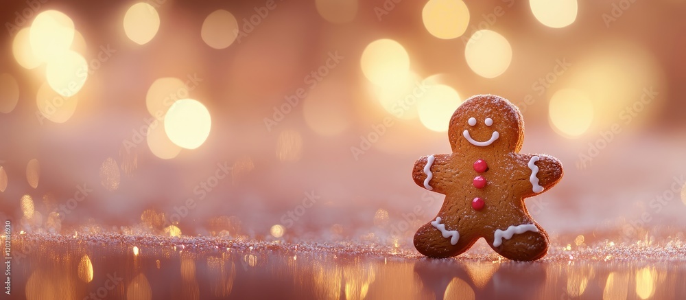 Aufkleber gingerbread man cookie with icing and candy decorations on a blurred bokeh background with warm ligh