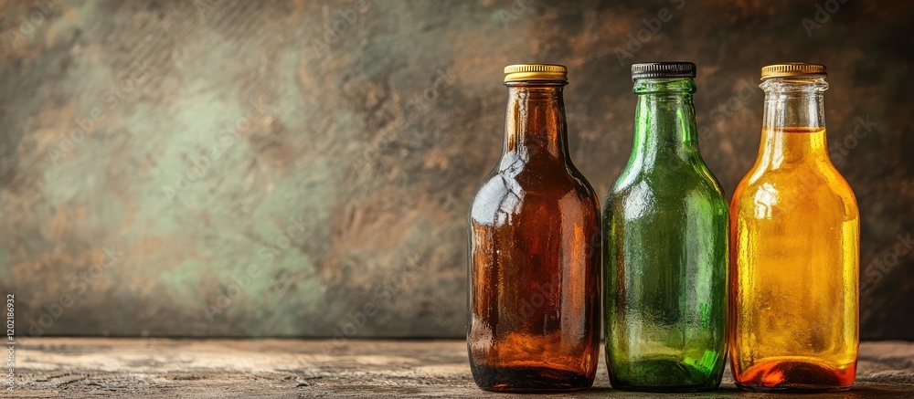 Poster colorful glass bottles on wooden surface against textured background with copy space for text.