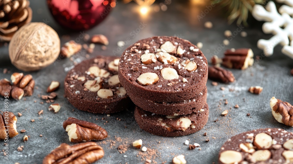 Poster Chocolate cookies with nuts on a rustic stone surface decorated with holiday ornaments and pine branches Copy Space