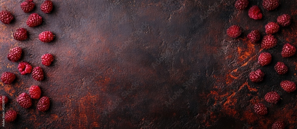 Aufkleber Ripe red raspberries arranged on a dark stone surface with ample copy space for text placement