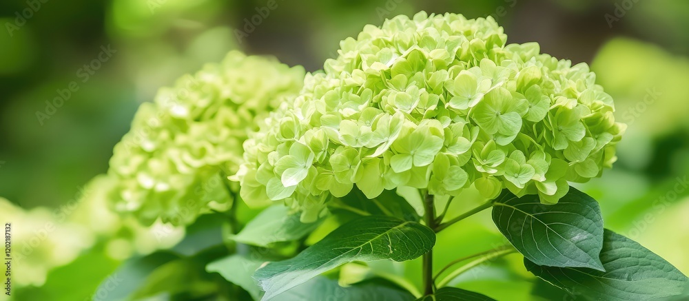 Poster green hydrangea flowers in natural environment with soft focus and copy space for text
