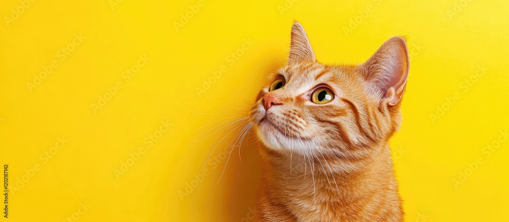 Poster orange tabby cat looking up against a bright yellow background with copy space for text.
