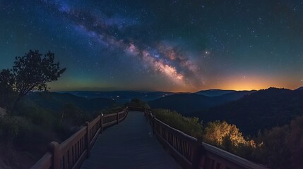 A spiral galaxy viewed from a scenic overlook with the night sky offering a breathtaking view of the universe