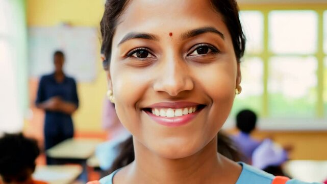 Portrait of smiling female Indian teacher in a class at school looking at camera. Meet our dedicated female teacher, who believes that a smile can make all the difference in education. FHD video.