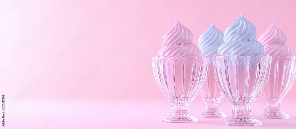 Poster pastel colored ice cream cones in transparent glass dishes on a pink background with copy space for 