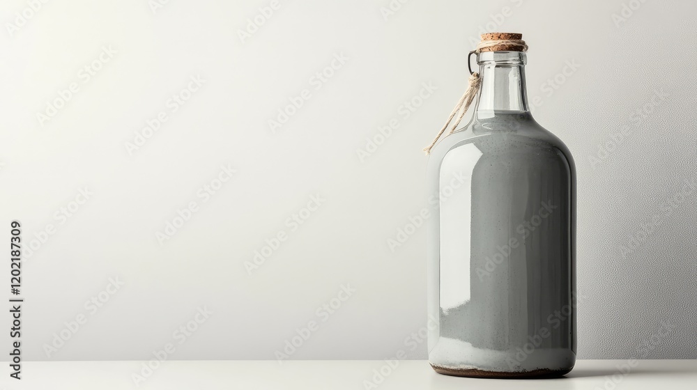 Poster Gray glass bottle with cork stopper and twine on white background with copy space for text or graphics