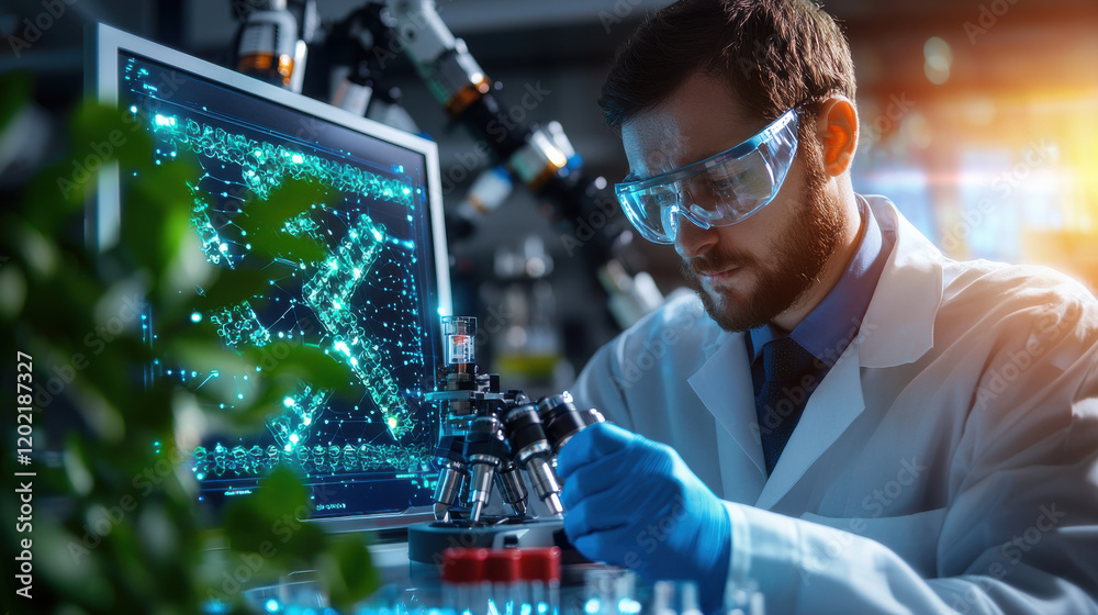 Fototapete researcher in lab, focused on programming nanobots, wearing protective gear and using microscope. background features advanced technology and digital displays