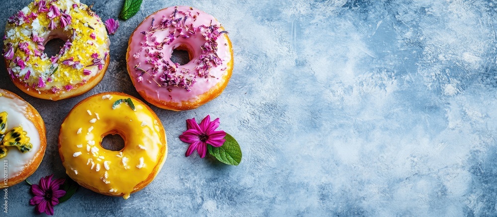 Poster colorful assorted donuts with sprinkles and edible flowers on a textured blue surface with copy spac