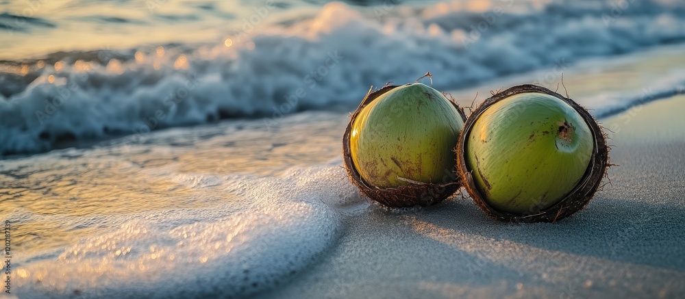 Aufkleber coconuts and green apples on sandy beach with gentle waves creating foam and copy space for text ñ€ð