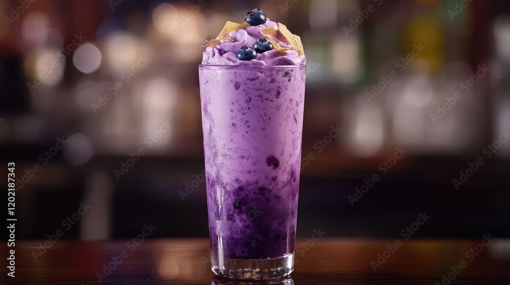 Poster purple berry smoothie in glass with whipped cream and fruit topping on wooden table with blurred bar