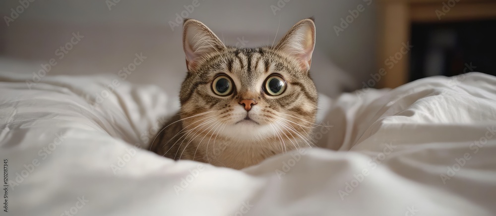 Poster curious domestic cat with wide eyes looking directly at the camera while lying on white bedding copy