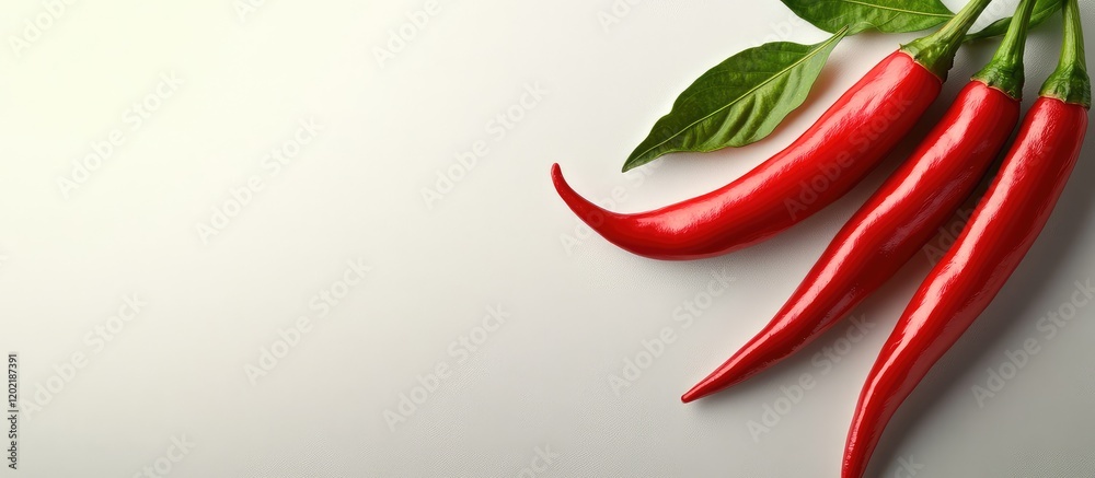 Aufkleber Fresh red chili peppers with green leaves on a plain background featuring ample copy space for text placement