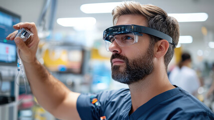 healthcare professional using wearable sensor in medical environment, focused on patient care and technology integration. scene highlights innovation in healthcare