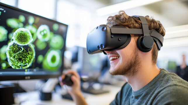 young man wearing virtual reality headset, engaged in immersive technology, smiling while using computer in modern workspace