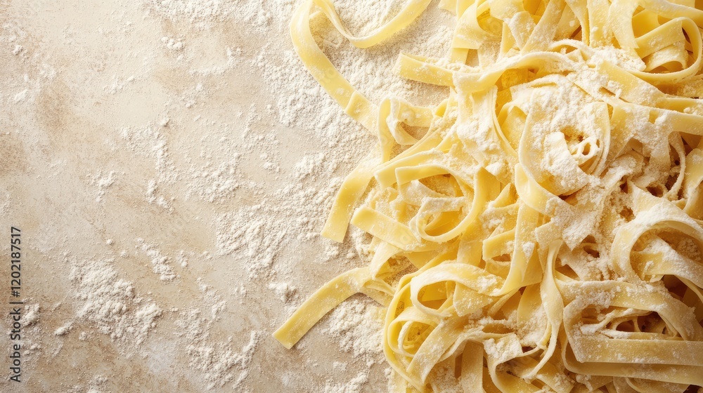 Poster fresh fettuccine pasta on a dusted flour surface with copy space for text
