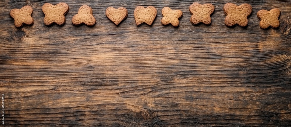 Poster Decorative arrangement of gingerbread cookies on a wooden surface with Copy Space for text placement