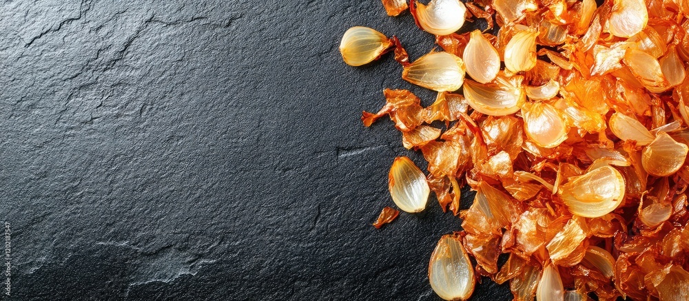 Poster orange pumpkin seeds on black slate background with copy space for text placement