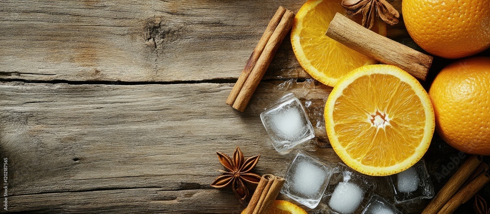 Poster Fresh oranges with sliced citrus on rustic wood background surrounded by ice cubes and cinnamon sticks with Copy Space