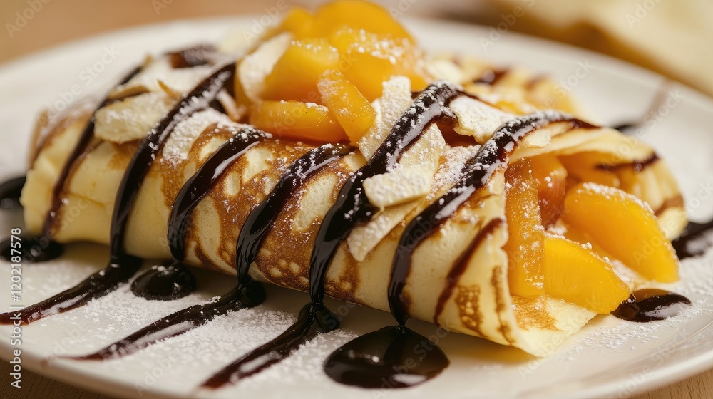Poster delicious crepe with caramelized peaches drizzled with chocolate sauce and sprinkled with powdered s
