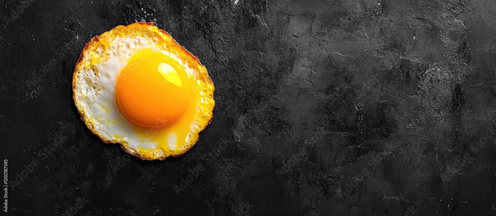 Poster fried egg with golden yolk on textured black background with copy space for text