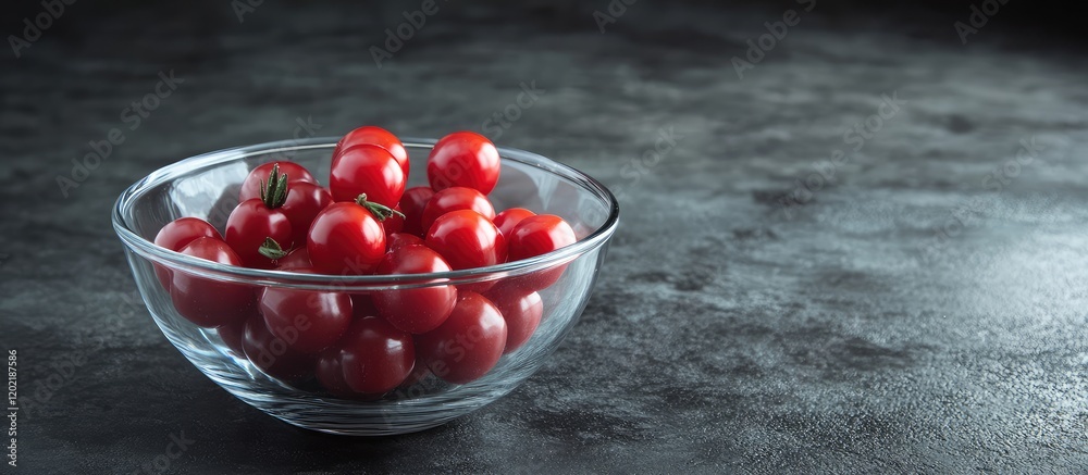 Poster fresh red cherry tomatoes in a glass bowl on a dark textured surface with copy space for text.