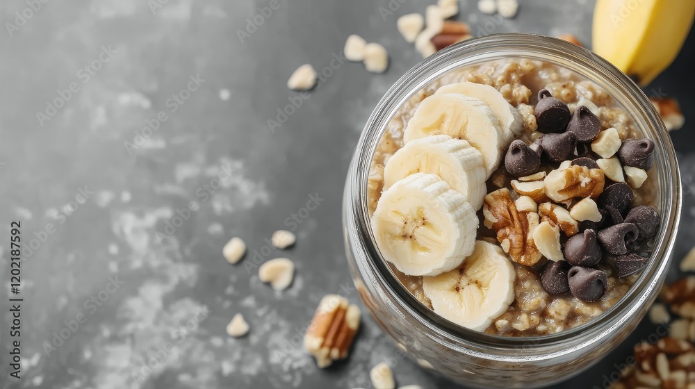 Poster oatmeal jar topped with banana slices, chocolate chips, nuts, and banana on a gray background with c