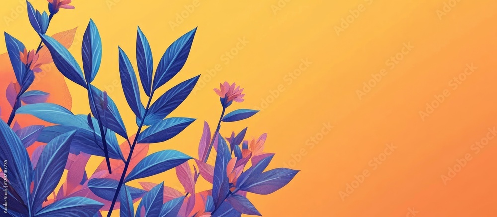 Poster colorful abstract background with vibrant foliage and floral elements against a warm orange backdrop