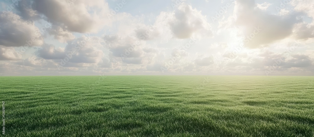 Aufkleber Vast green grass field under a cloudy sky with sunlight illuminating the horizon and ample Copy Space for text placement