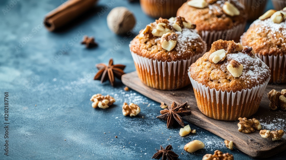 Poster freshly baked muffins topped with nuts and powdered sugar on a wooden board with spices and nuts sca