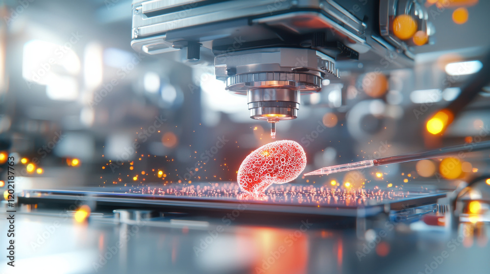 Aufkleber realistic representation of 3D bioprinting in action, showcasing bioprinter creating cellular structure. scene highlights advanced technology and innovation in biotechnology