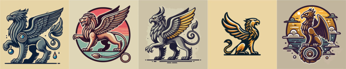 Griffin mythological animal vector set