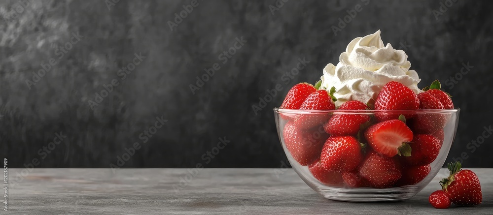 Poster fresh strawberries topped with whipped cream in a glass bowl on a gray background with copy space fo