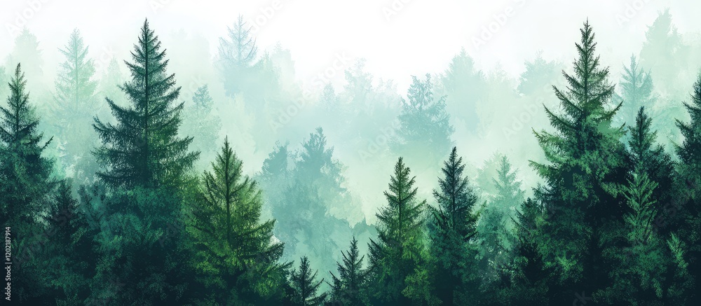 Aufkleber Dense evergreen forest landscape with fog and mist creating a layered depth effect suitable for backgrounds and copy space.