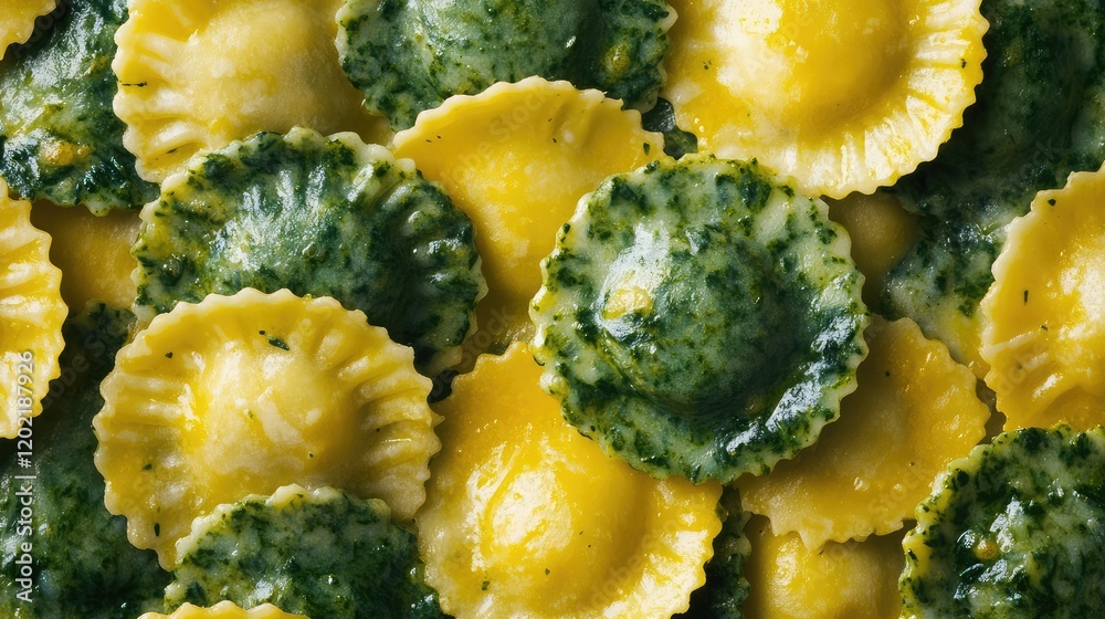 Aufkleber colorful assortment of spinach and cheese ravioli pasta with a fresh green sauce in a close-up view,