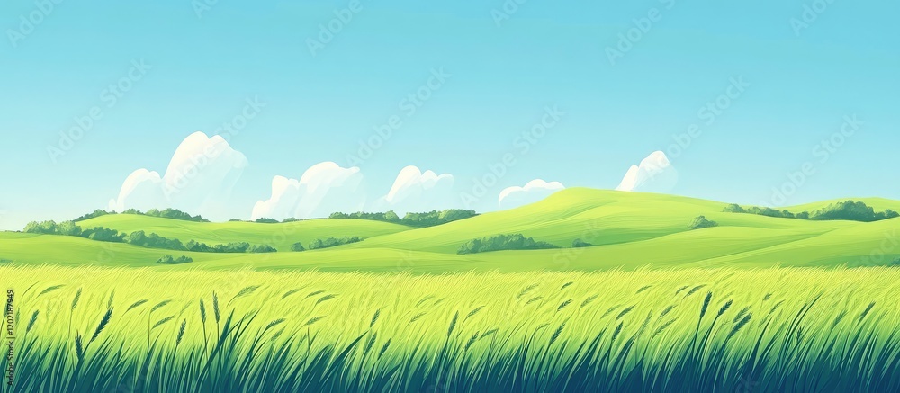 Poster lush green grass field under a clear blue sky with fluffy clouds and rolling hills in the background