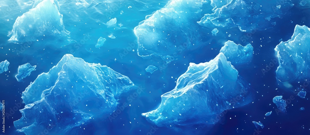 Poster underwater scene featuring floating icebergs in vibrant blue water with bubbles and light reflection