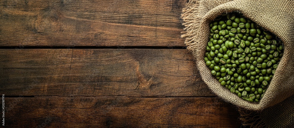 Poster green peas in a burlap sack on rustic wooden background with natural textures and ample copy space f