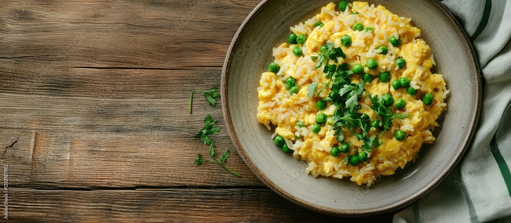 Poster creamy risotto with peas in bowl on rustic wood table with copy space for text