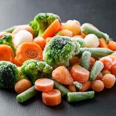 Frozen mixed vegetables featuring broccoli, carrots, and green beans arranged on a dark surface ready for cooking