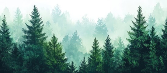 Dense evergreen forest landscape with fog and mist creating a layered depth effect suitable for backgrounds and copy space.