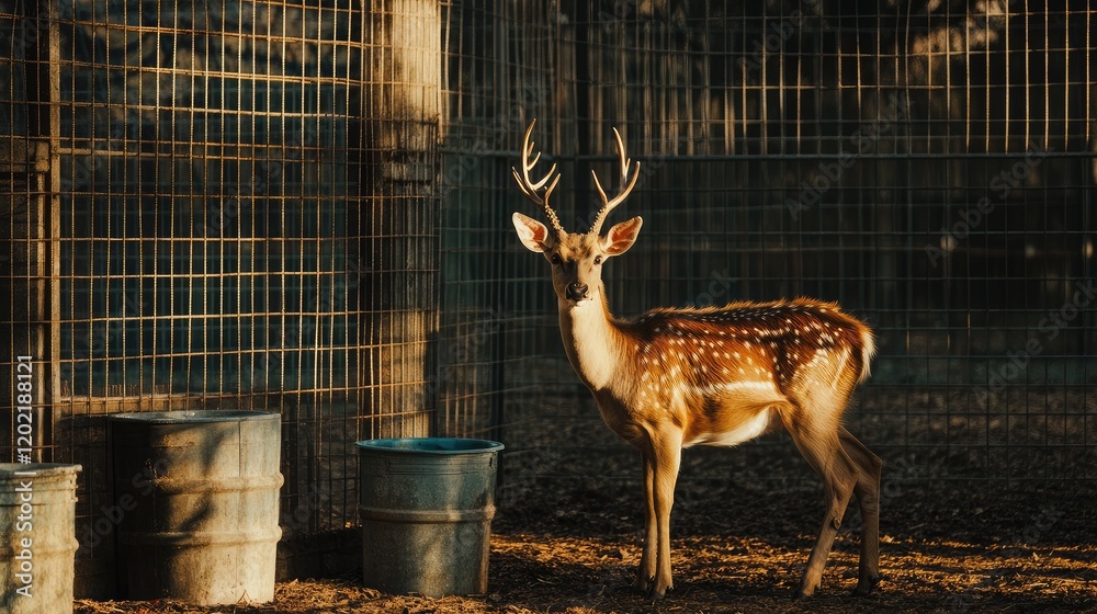Poster fallow deer standing in an enclosure with soft sunlight highlighting its spotted coat and antlers su