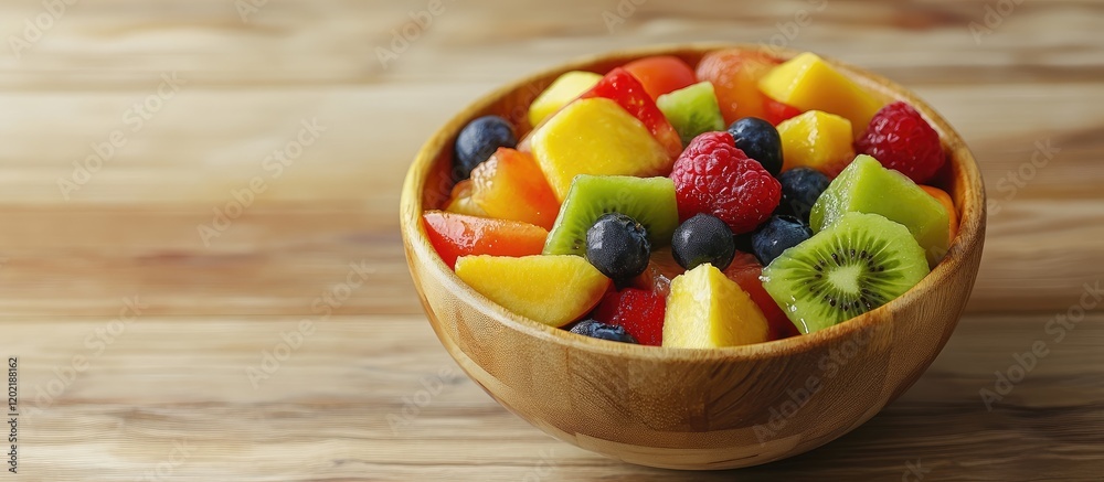 Aufkleber fresh mixed fruit salad in a wooden bowl on a wooden table with copy space for text
