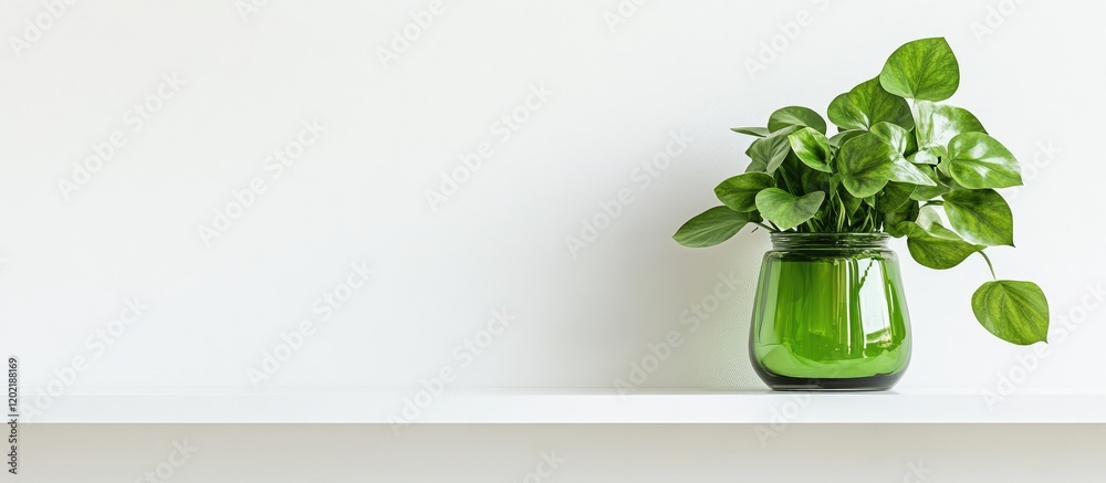 Poster Potted green plant on a minimalistic white shelf with ample copy space for text insertion.