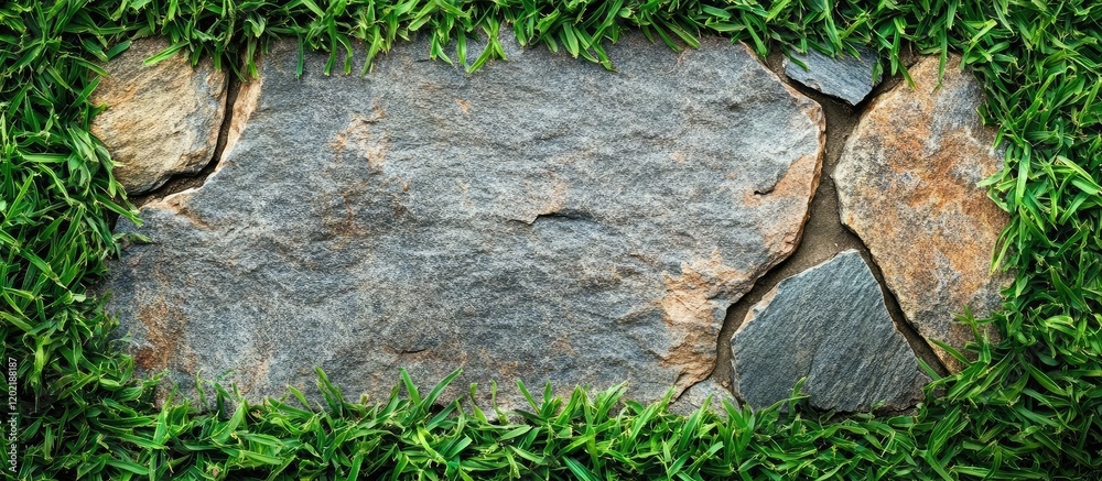 Poster natural stone texture framed by fresh green grass with ample copy space for text or graphics.