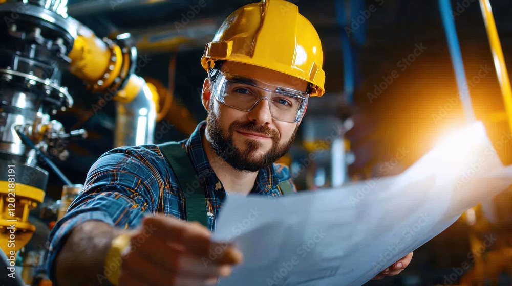 Poster smiling engineer in hard hat reviews blueprints in industrial setting, showcasing teamwork and precision in construction