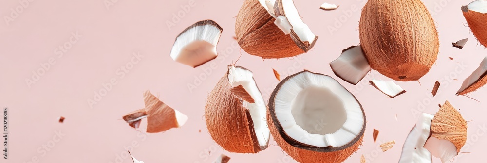 Poster creative composition with whole and broken coconuts levitating on a pastel pink background, showcasi